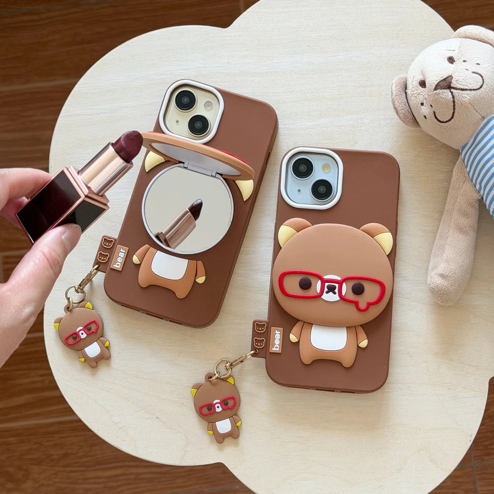 Rilakkuma Bear Hide Makeup Mirror Phone Case For iPhone 17 16 15 14 13 Pro Max 3D Cute Cartoon Soft Silicone Cover With Pendant