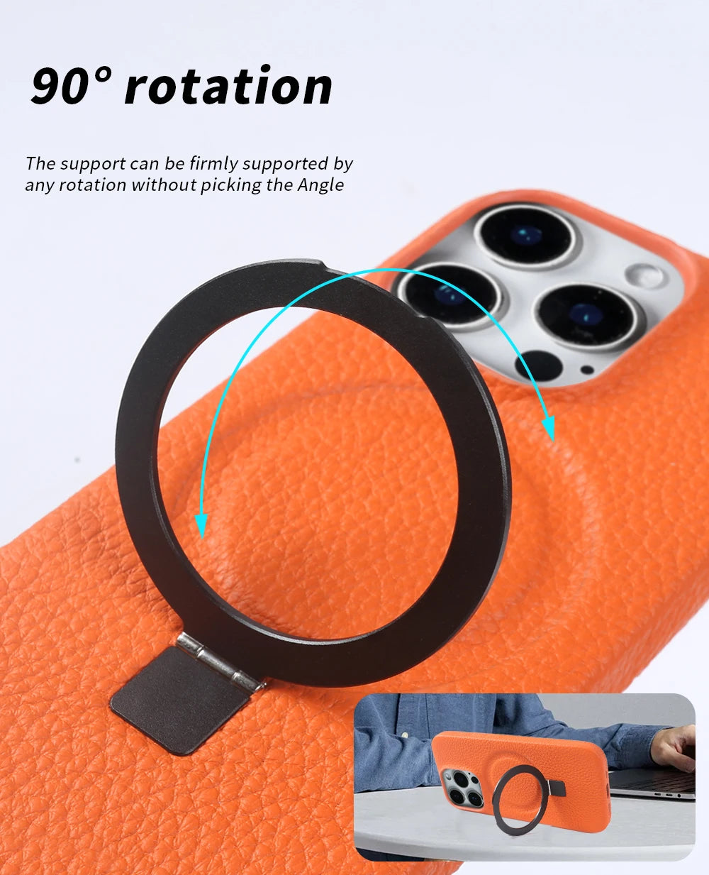 Magnetic Bracket Ring Lychee Genuine Leather Case For iphone 16 17 Pro Max 16e Air 14 15 Plus 7 8 12 13 Mini XS Phone Back Cover
