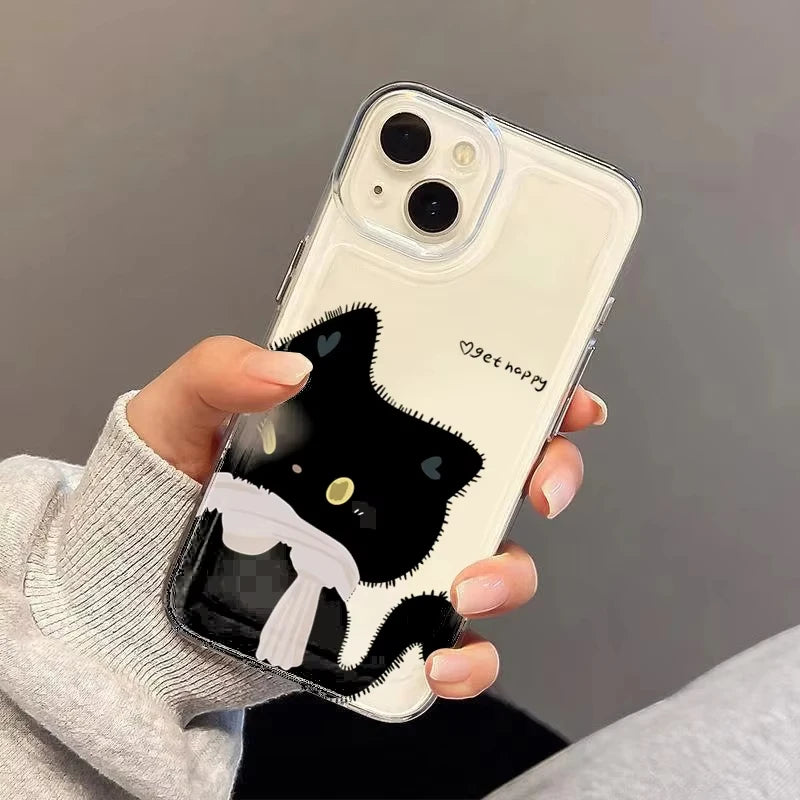 Cartoon Black White Cat Couple Phone Case For iPhone 17 Pro Max 16 15 Pro 14 13 Mini 12 11 17Air 16 Plus Clear Bumper Cover