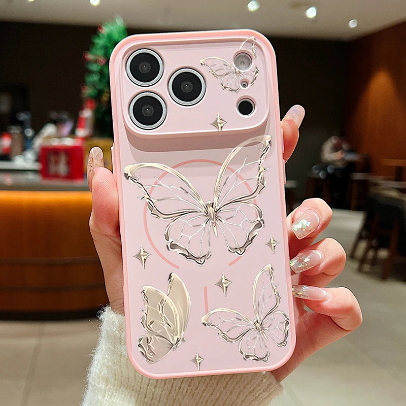Gold Butterfly Pattern Magnetic Phone Case For iPhone 17 Pro Max 16 15 14 13 Pro Max For Magsafe Wireless Charge Hard PC Cover