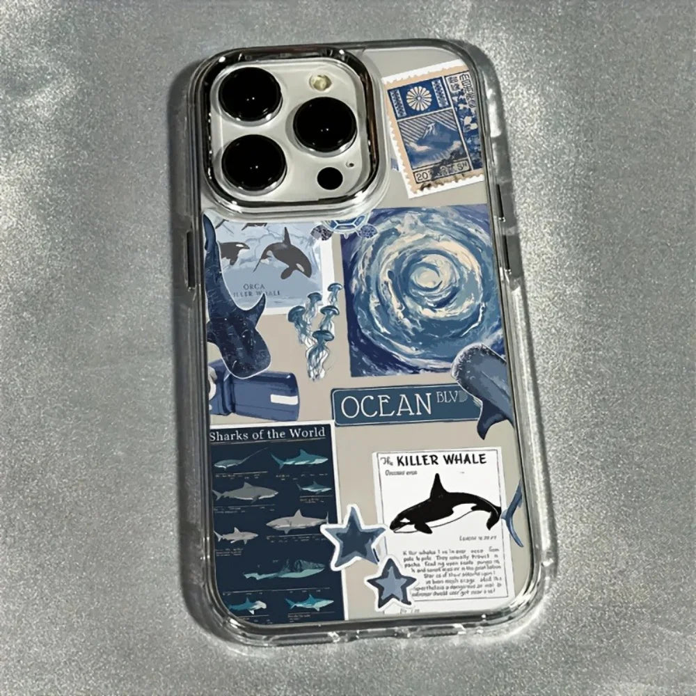 Blue Ocean Whale and Jellyfish Pattern Electroplated Lens Frame Transparent Phone Case Suitable for Iphone17 Air Pro Max Iphone16 15 14 13 12 11 Air Plus Pro Max Series