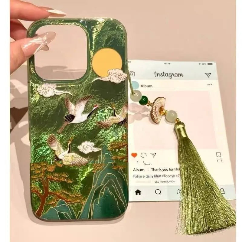 Auspicious INS Green Mountain Chinese Style Phone Case For iPhone 17AIR 17 16 15 14 13 12 11 Pro Max 7 8 Plus Mini Y2K Cover