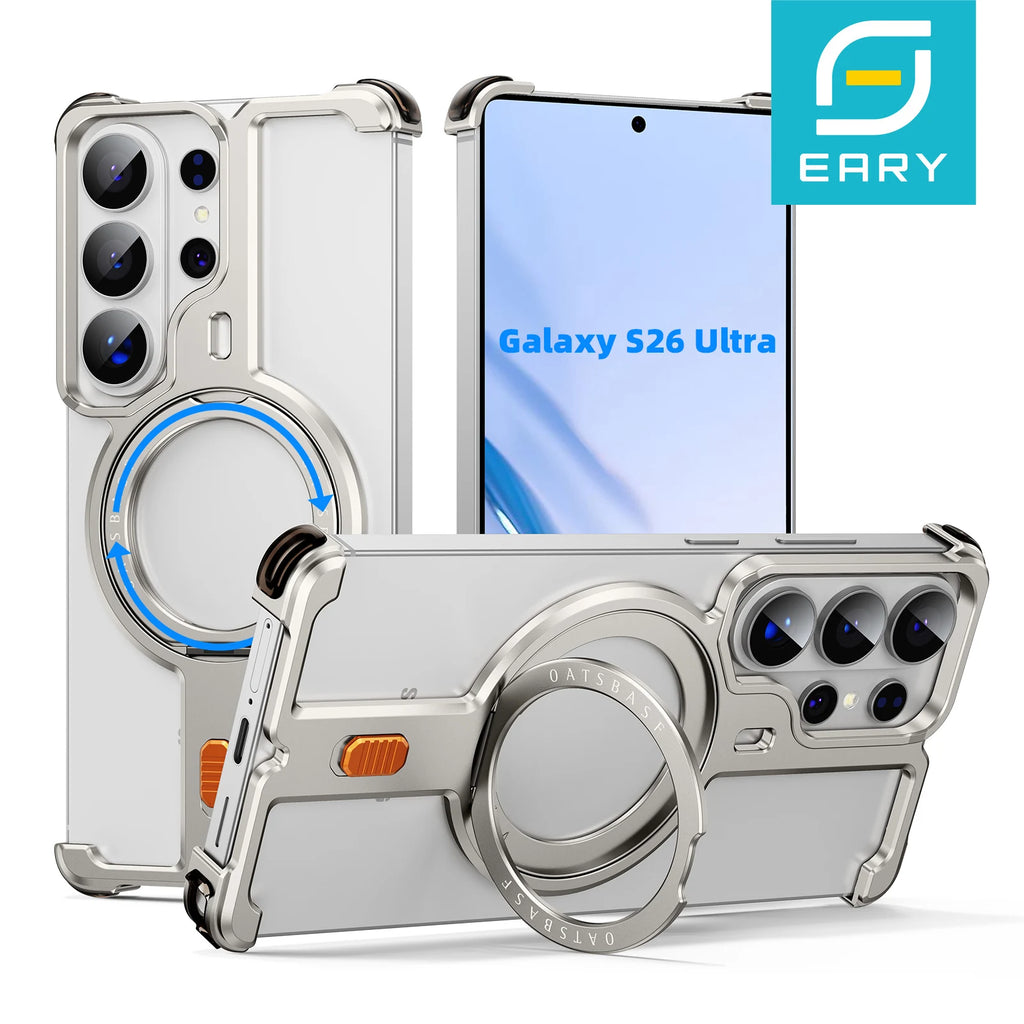 Eary for Samsung Galaxy S26 Ultra Phone Case Metal With 360°Rotating Magnetic Stand Frameless Cover Screen Protection Shockproof