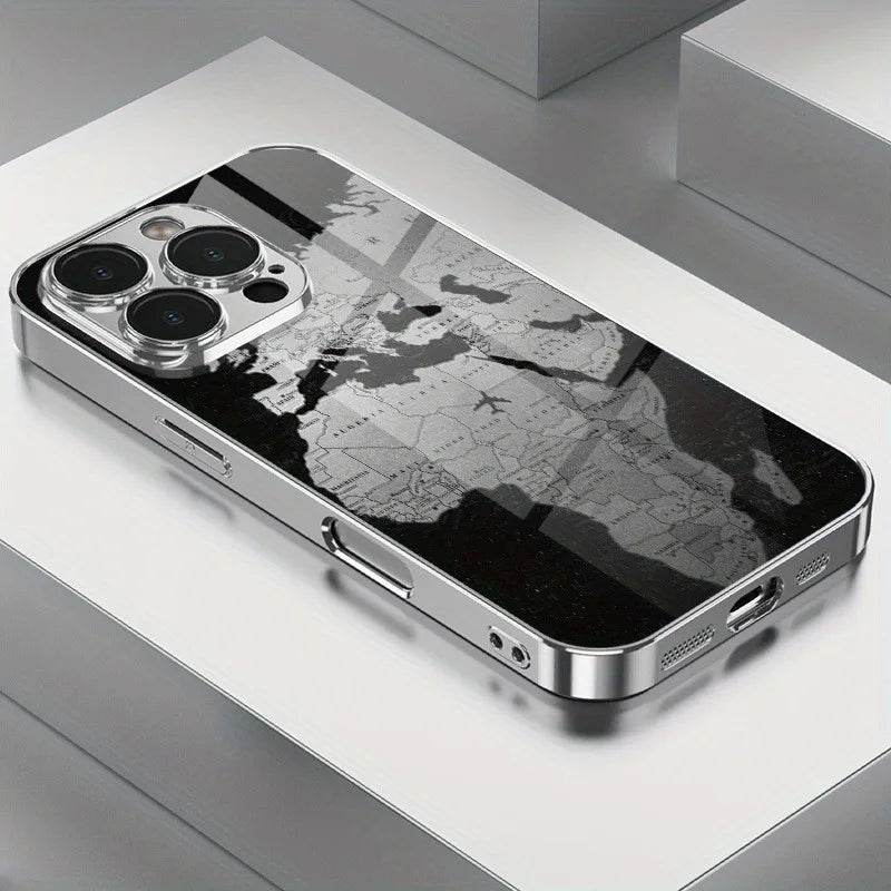 Minimalist Creative World Map Design Glass Electroplated Phone Case For iPhone 11 12 13 14 15 16 17 Pro Max Plus 16E 17Air Cover