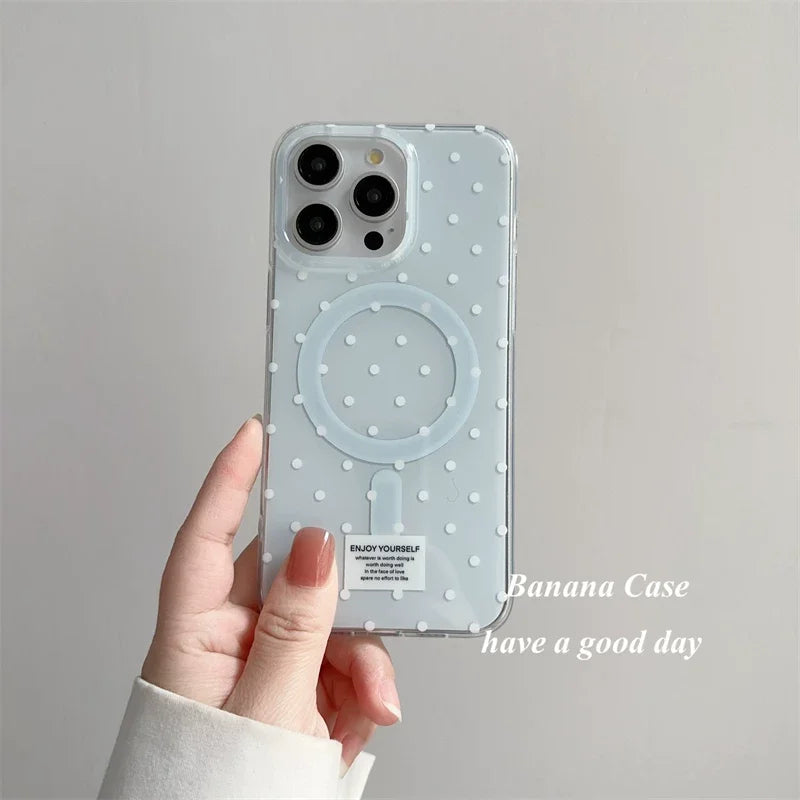 Ins Light Blue White Wave Dot Label Advanced Fresh For Magsafe Phone Case For iPhone 11 12 13 14 15 16 E 17 Pro Max Plus Cover