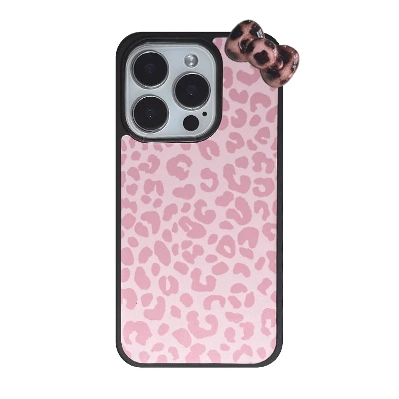 INS Sweet Cool Girl Leopard Pattern Bow Phone Case For iPhone17 Air 16Pro Max 15 14 12 13 11 Pro Plus Anti Fall Protective Cover