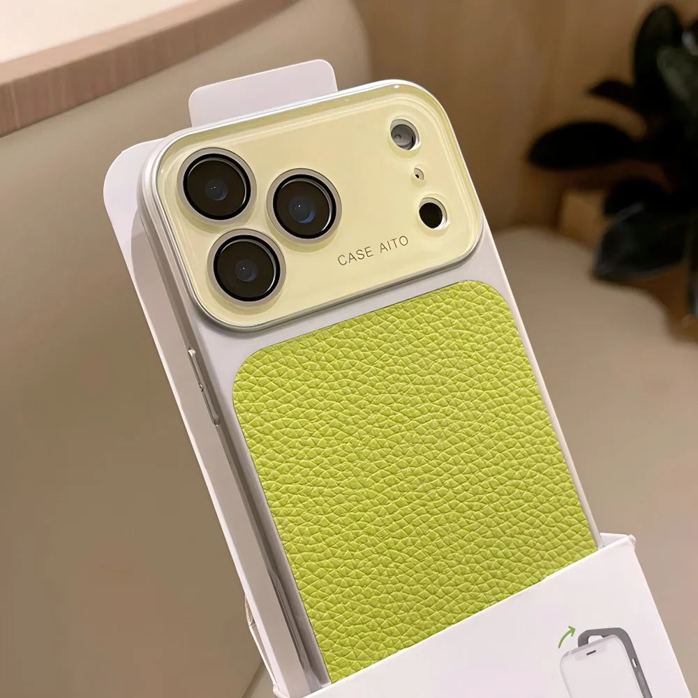 Luxury Litchi Leather Glass Lens Large Window Case For iPhone 17 16 15 14 13 Pro Max Plating Shockproof Bumper Candy Phone Cover