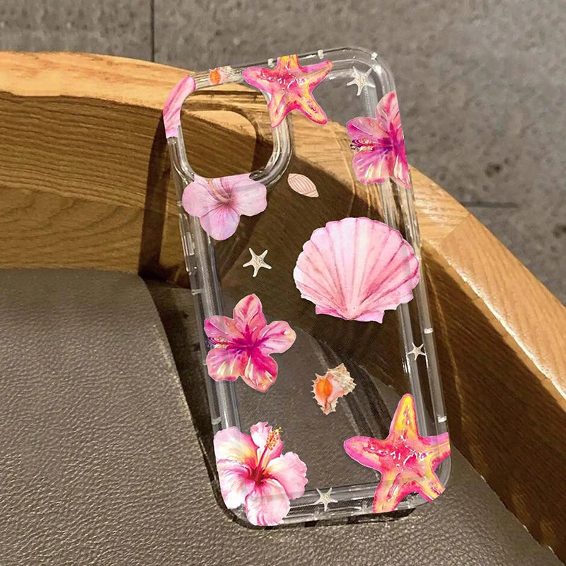 Pink Tropical Flower Starfish Shell Patterns Airbag Phone Case For iPhone 17 16 15 14 13 12 11 Pro Max XS XR 7 8 Plus 16E Cover