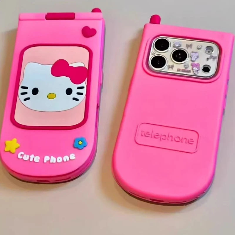 3D Cute Sanrio Hello Kitty Hide Makeup Mirror Flip Cover Phone Case For iPhone 17 16 15 14 13  Pro Max Soft Silicone Cover