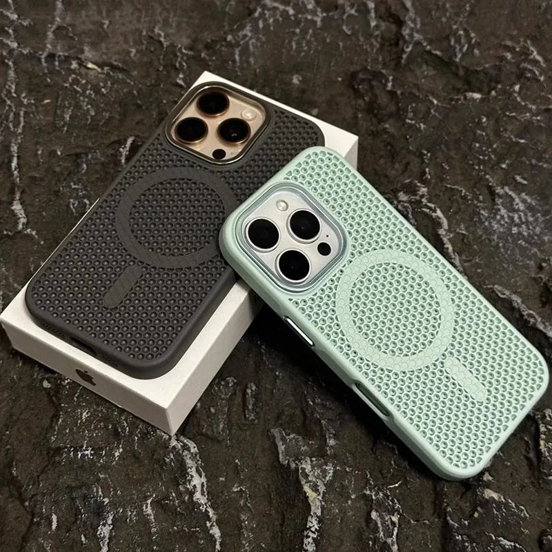 Heat Dissipation Mesh Magnetic Case for IPhone 17Pro 16 15 14 Plus 13 12 Pro Max Metal Lens Breathable Armor for Magsafe Cover