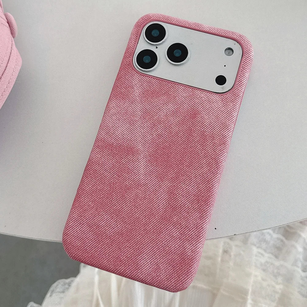 Luxury Retro Denim Tie Dye Fabric Case For iPhone 17 Air 16 15 14 Plus 13 12 11 Pro Max 17Pro Borderless Shockproof Hard Cover