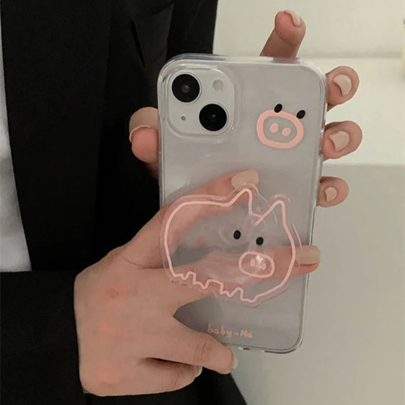 Korean Cute Cartoon Linear Pigle Grip Tok Griptok Phone Holder Stand Support For iPhone 15 Samsung Universal Accessoriess Holder