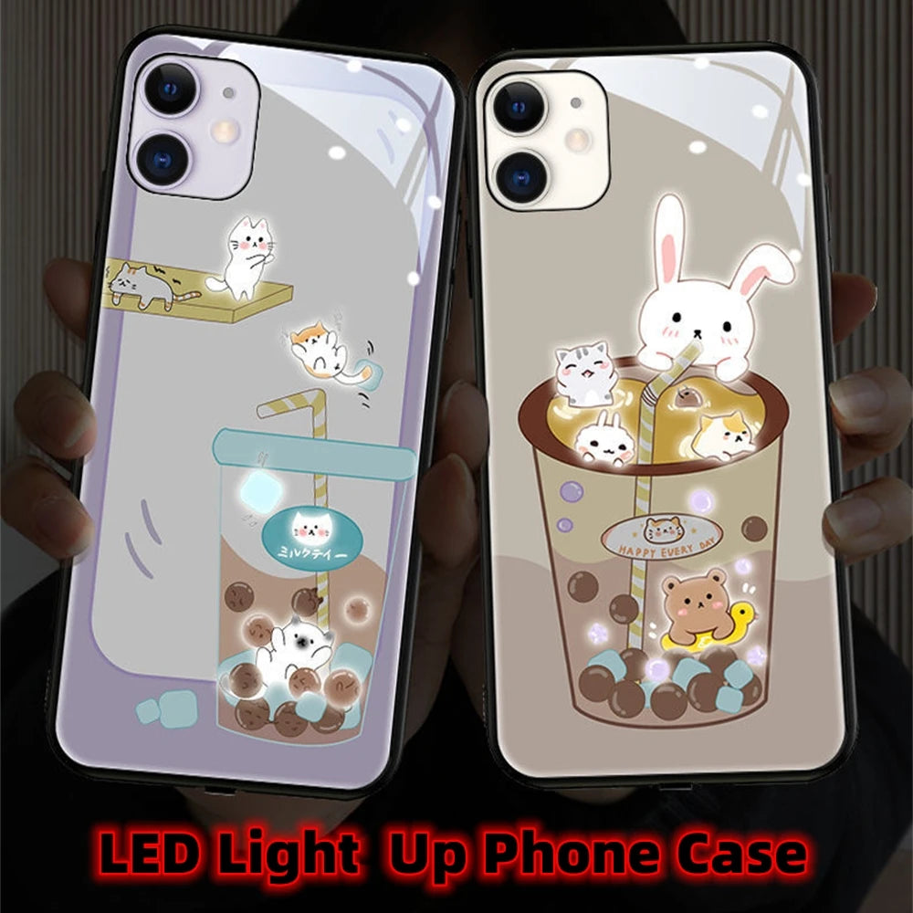Cute Tempered Glass Luminous LED Case For Samsung S26 S25 S24 S20 S21 S22 S23 FE Plus Ultra Note 10 20 Call Light Up Cover