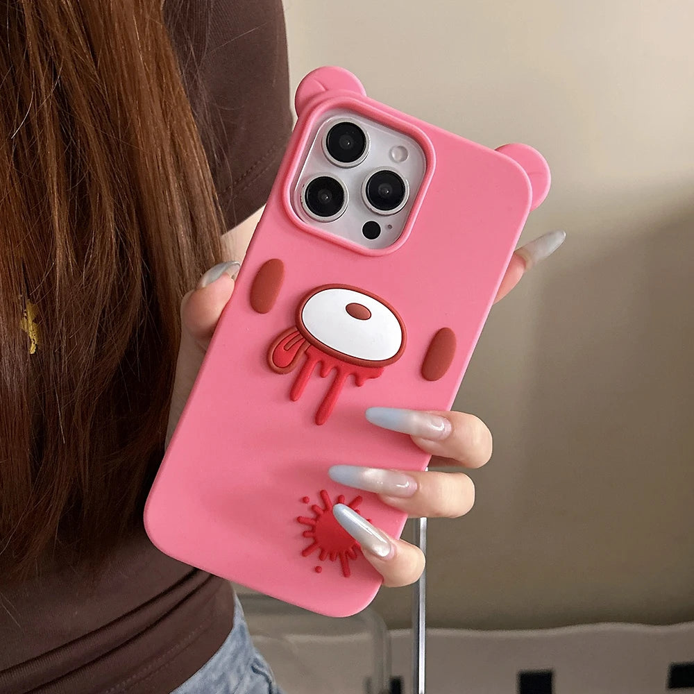 Funny 3D Cartoon Bloody Bear Phone Case for iPhone 17 13 14 15 16 Pro Max Cute Shockproof Soft Silicone Back Cover Fundas