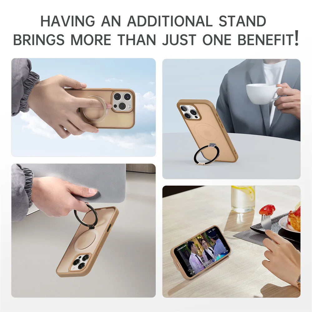 Metal Ring Stand Matte Magnetic Case for Magsafe iPhone 16 Pro Max 15 14 13 12 16 Pro Max Plus 15Pro Wireless Charge Cover