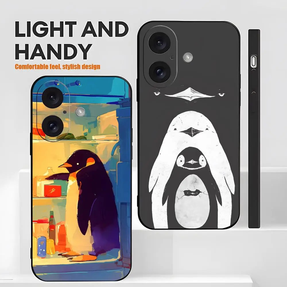 Popular Funny Penguin Art Phone Case For iPhone 17 16 15 14 13 12 X XR XS 8 Plus Mini Pro Max Soft black Shockproof Cover