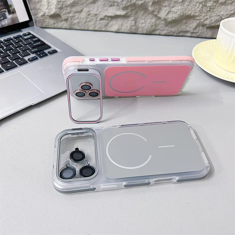 Luxury Matte Shockproof Magnetic Bumper Case For iPhone 17 Pro Max Air 16 15 14 Plus 13 12 For Magsafe Lens Protect Stand Cover