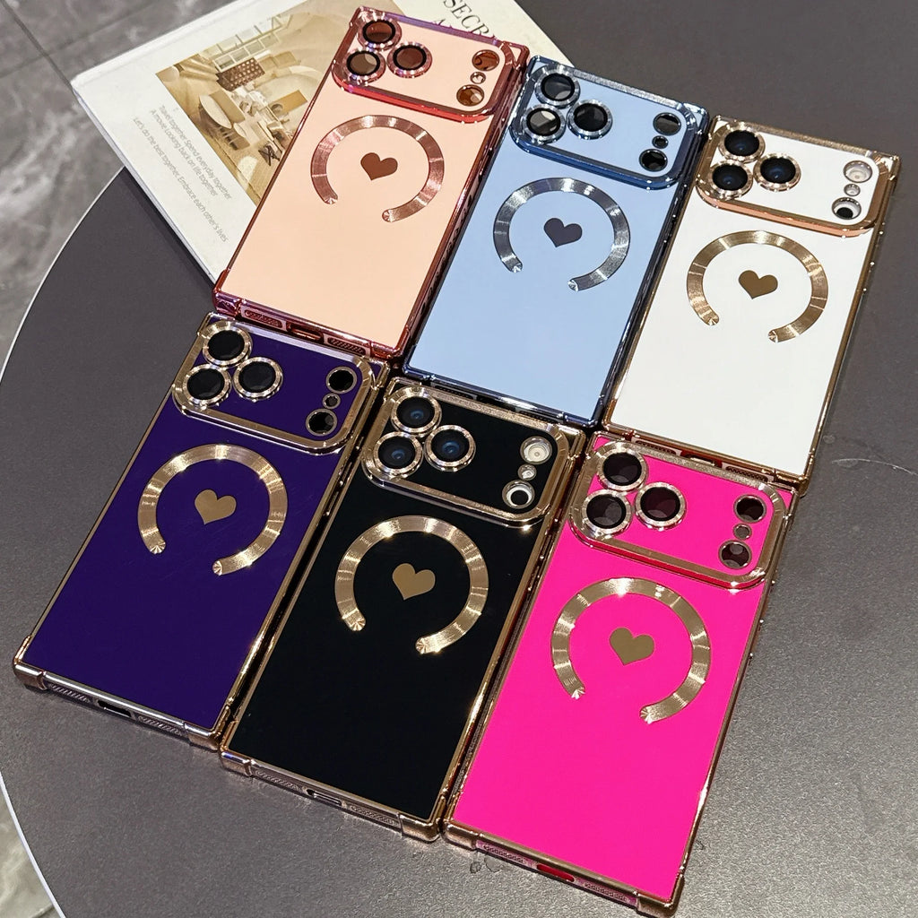 For iPhone 17 Pro Max Plating Heart Cases For iPhone 16 Pro Max 15Pro 14 Plus 13Pro Magnetic Wireless Charging Soft Phone Case