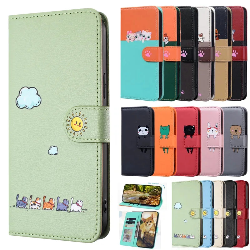 Fashion Flip Book Leather Wallet Case For Samsung Galaxy Note20 Note 20 S24 FE Ultra 9 10 plus Card Animal Kawaii Cat on Cover