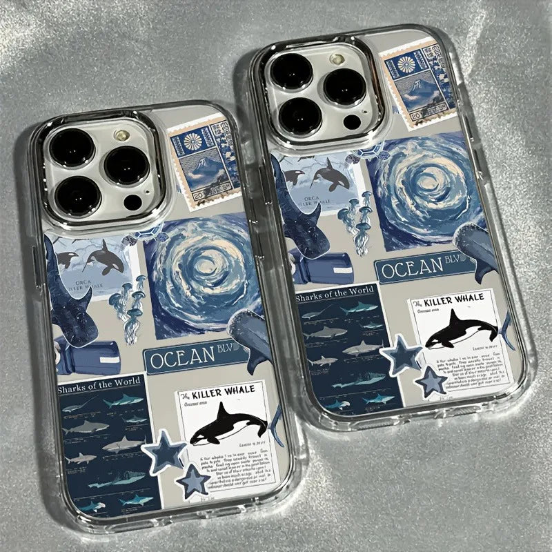 Blue Ocean Whale and Jellyfish Pattern Electroplated Lens Frame Transparent Phone Case Suitable for Iphone17 Air Pro Max Iphone16 15 14 13 12 11 Air Plus Pro Max Series