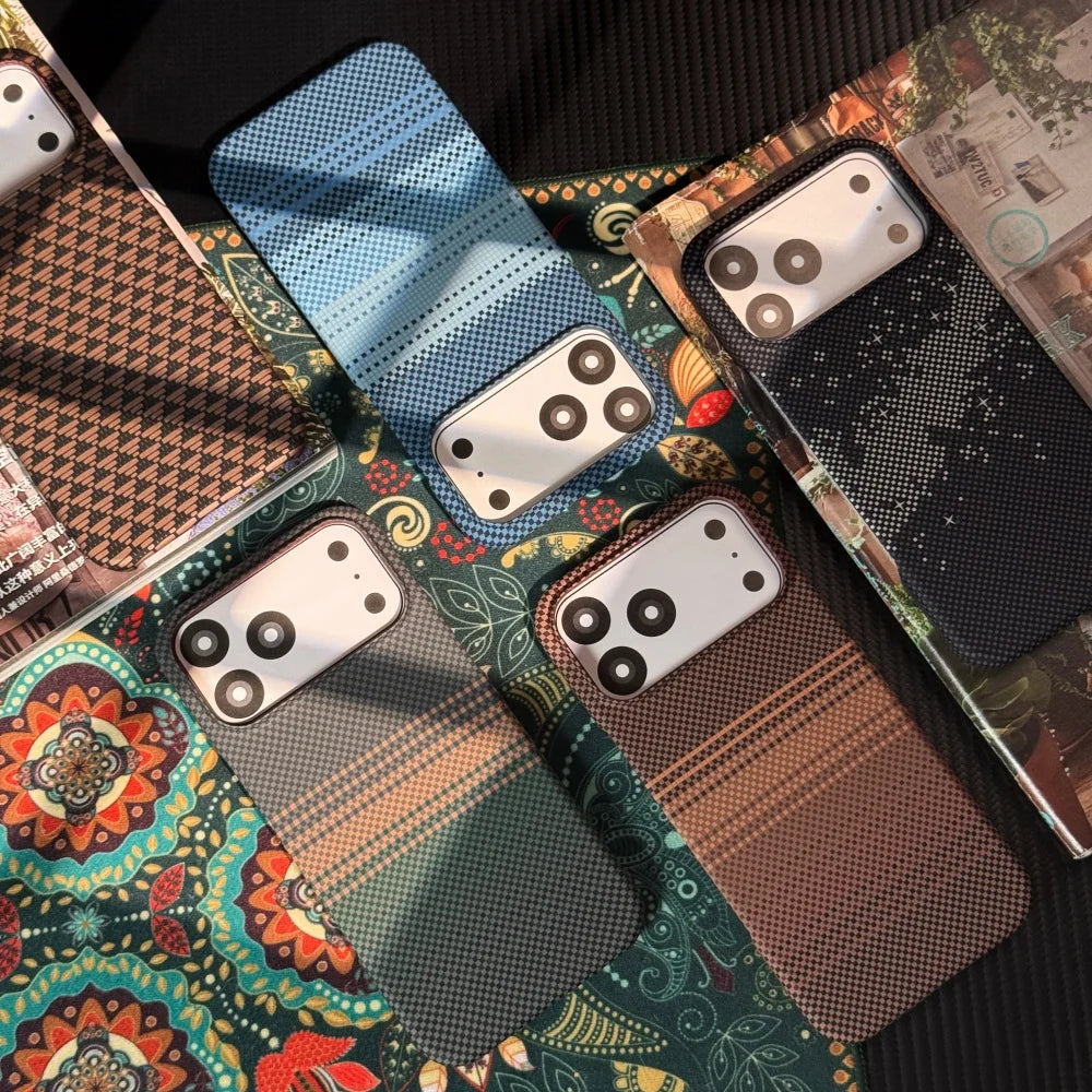 Luxury Kevlar Carbon Fiber Texture Phone Case for iPhone 13 14 15 16 17 Pro Max Plus For Magsafe Magnetic Hard PC Bumper Cover