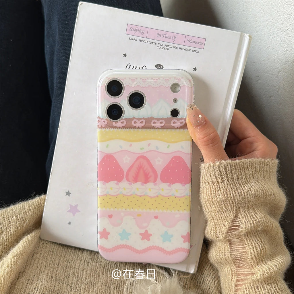Korean Ins Sweet Girl Heart Strawberry Cream Cake Cute Phone Case For iPhone 17 16 15 14 13 12 11 Pro XR Max 7 8 Plus Y2K Cover