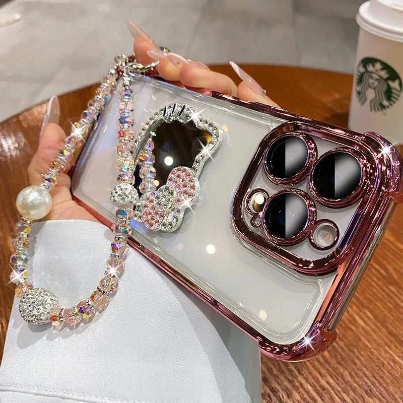 Shockproof Plating TPU Cat Mirror Phone Case For iPhone 17 Pro Max Air 16 16E 15 14 Plus 13 12 Mini 11 With Bracelet