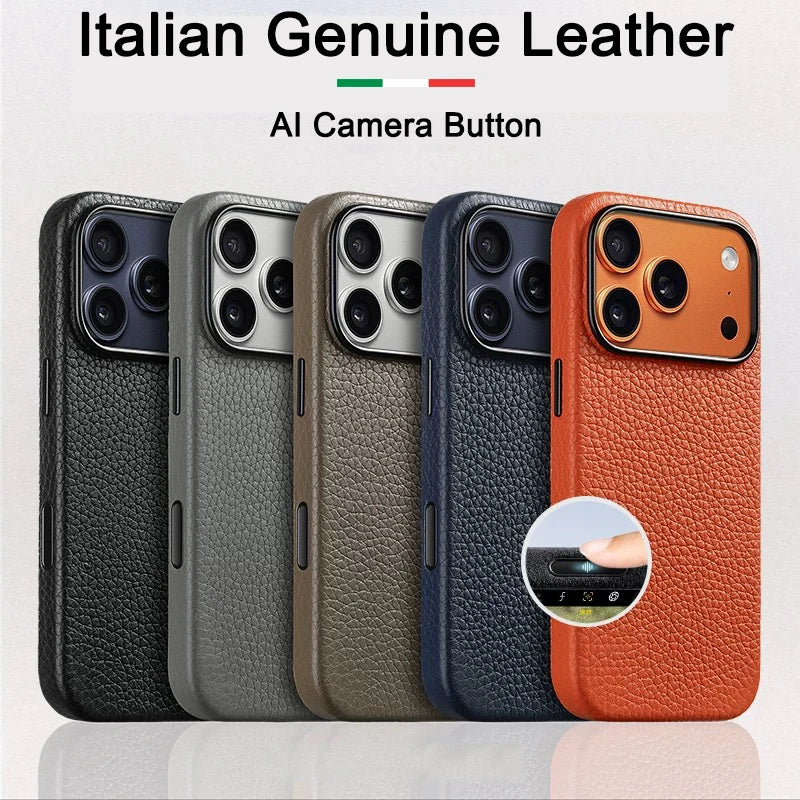 Italian Genuine Cowhide Leather Case For iPhone 17 Pro Max 17Pro with Camera Button protective Magnetic Charging MagSafe Cover