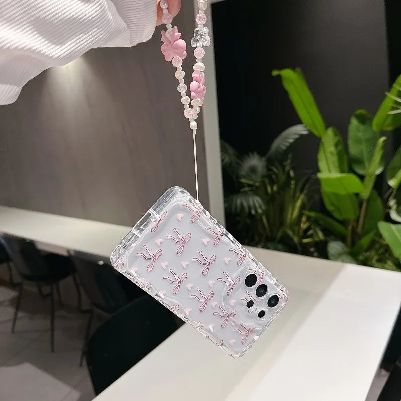Cute Pink Bowknot Phone Case For iPhone 17 Air 16 15 14 13 12 11 Pro Max 7 8 Plus 16E XR X XS Max Shockproof Transparent Cover