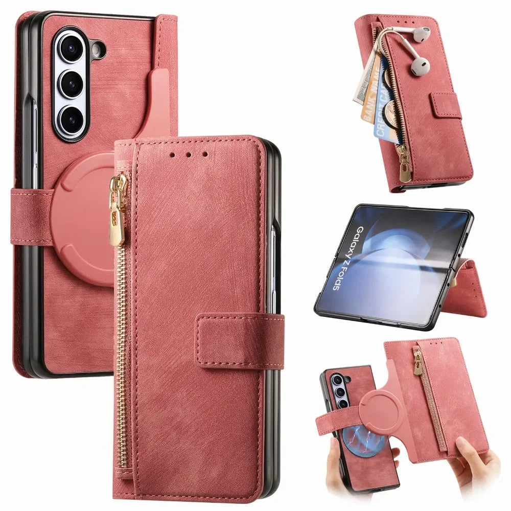 2 in 1 Detachable Zipper Cards Solt Wallet Phone Case for Samsung Galaxy Z Fold 7 6 5 4 3 Fold7 Fold6 Fold5 Fold4 Leather Cover