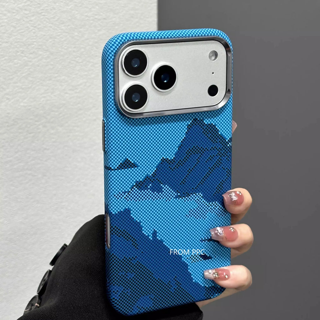 Snow Mountain Magnetic Case for iPhone 17 Pro Max Carbon Fiber Hard PC Magnets in Back Cover Camera Metal Lens Protection Shell