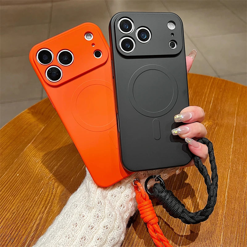 For Magsafe Liquid Silicone Magnetic Matte Case for iPhone 17 Air 16e 15 14 13 12 11 Pro Max Plus Wrist Strap Lanyard Soft Cover
