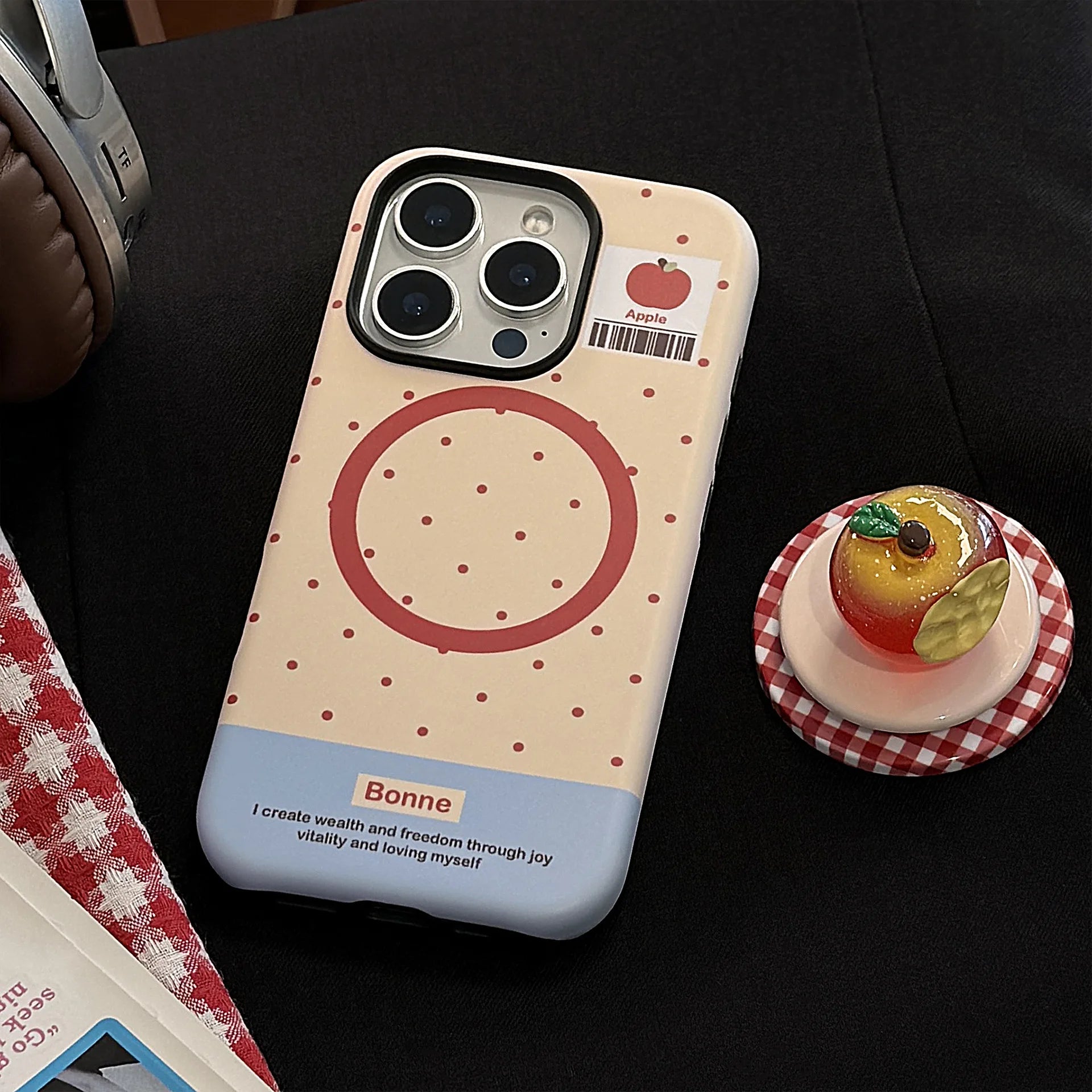 Cute Polka Dots 3D Luminous Crystal Apple Lattice Bracket Magnetic Phone Case For iPhone 12 13 11 14 15 16 17 Pro Max Hard Cover