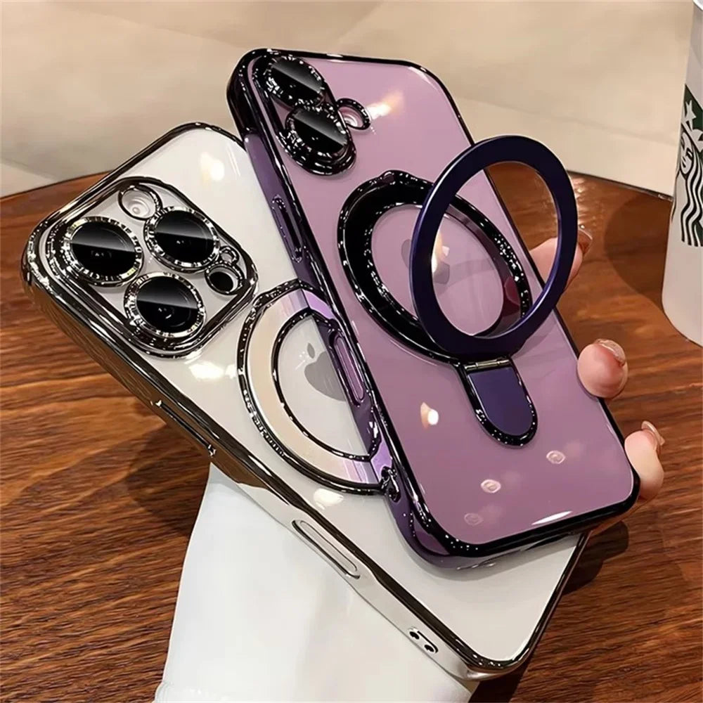 Luxury For Magsafe Bracket Case For iPhone 16 15 14 13 12 11 17 Pro Max 15 Plus Magnetic Ring Stand Holder Clear Acrylic Cover