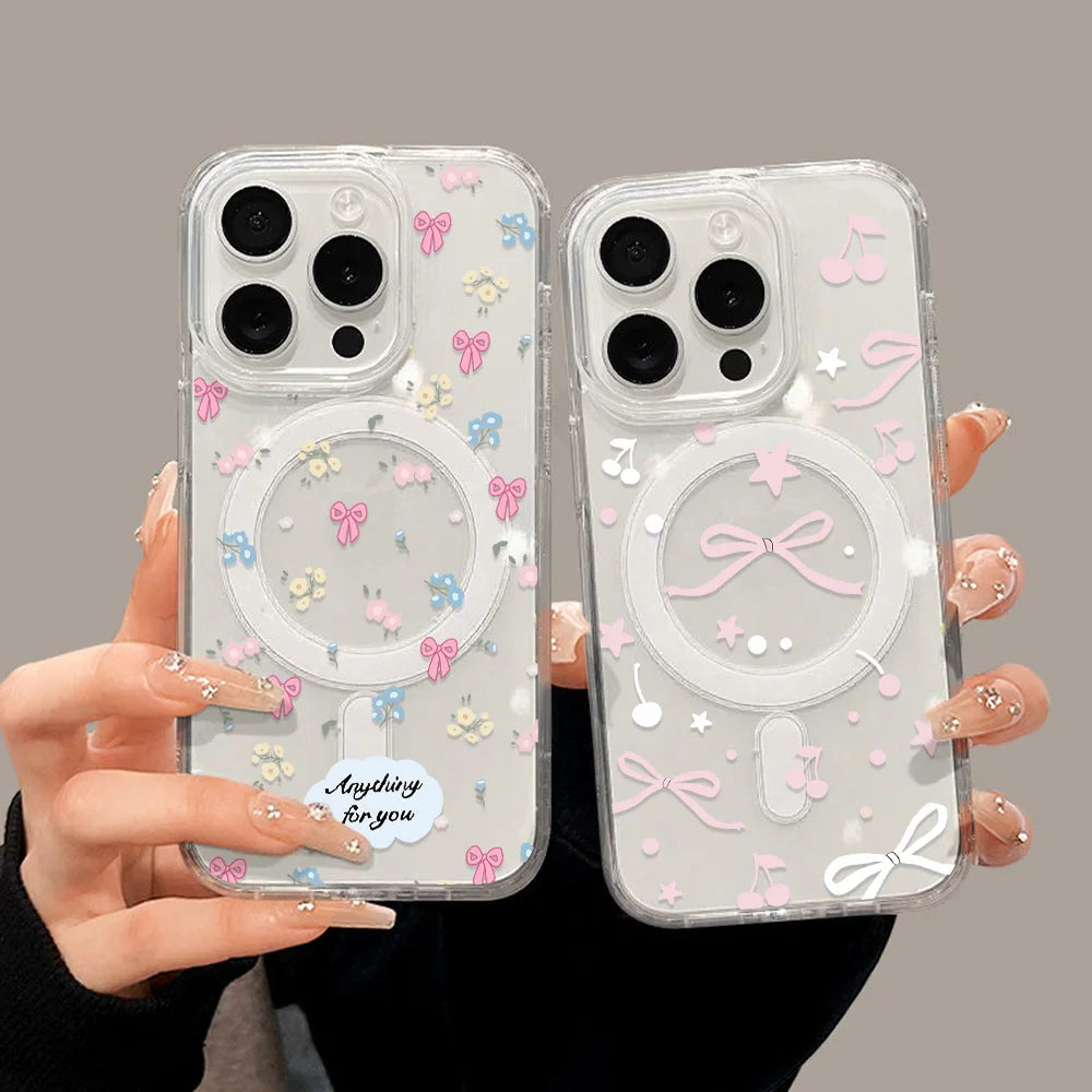 Cute Bow For Magsafe Wireless Charger Case For iPhone 17 14 15 13 11 12 16 Pro Max Funda iPhone 17Air Magnetic Clear Phone Cover