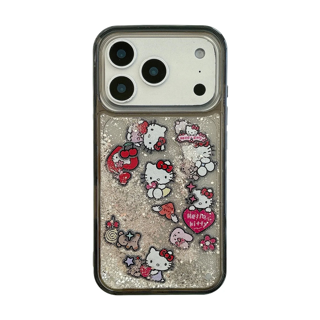 Quicksand Glitter Protection For Cute Hello Kitty Case For iPhone 17 16 15 Pro Max Soft TPU Shockproof Anti-Scratch Back Cover