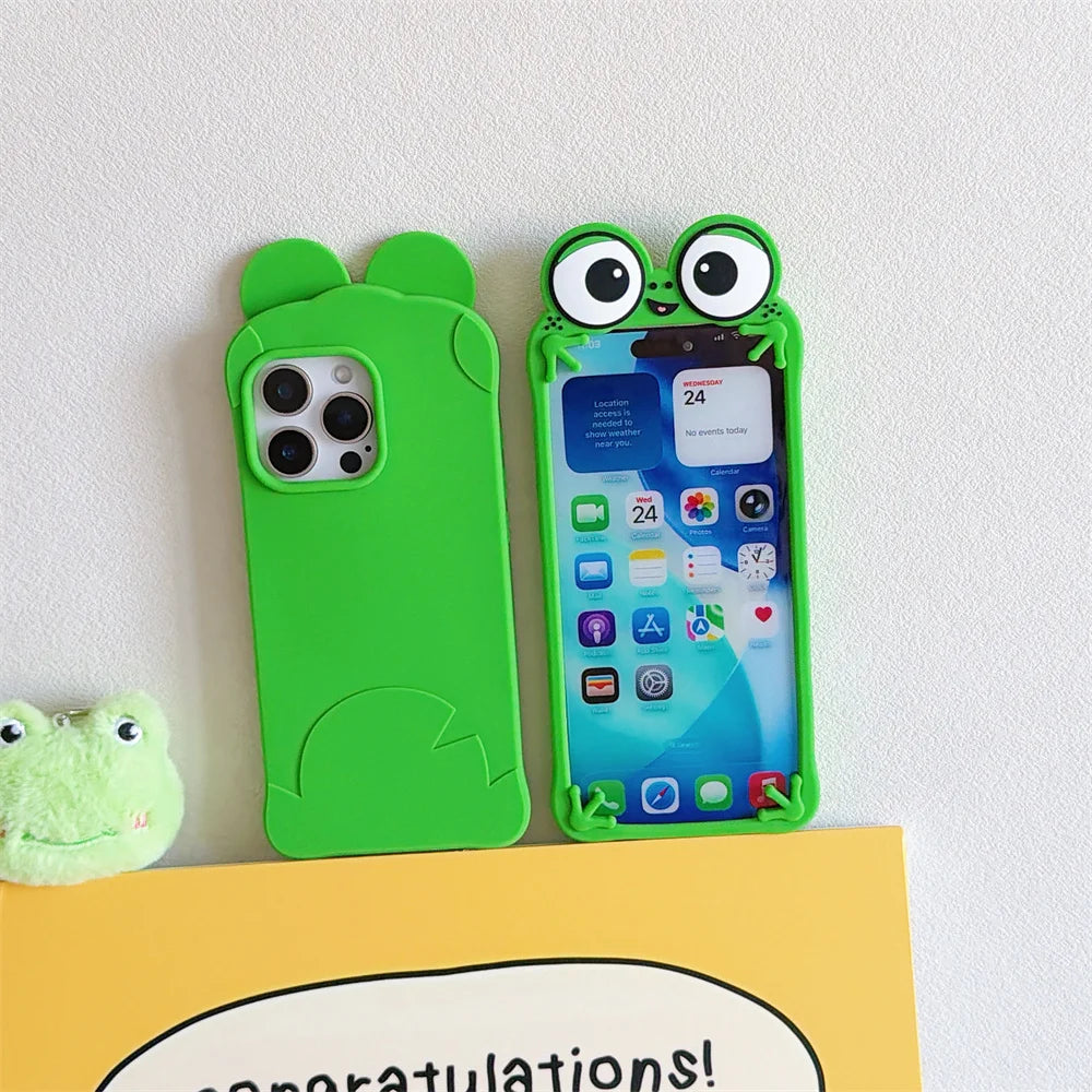 Funny Cartoon Big Eyes Green Frog Phone Case for iPhone 17/16/15/14/13 Pro Max 3D Soft Silicone Shockproof Cover Funda 17 Pro