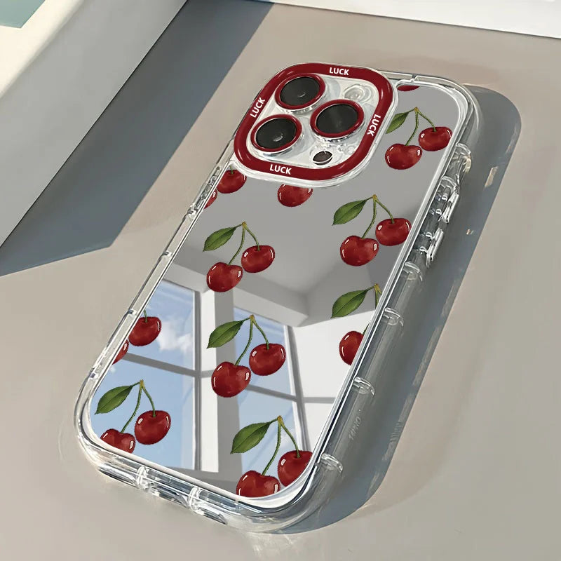 Red Cherry Pattern Mirror Phone Case For iPhone 17 Pro Max Case For iPhone 13 15 14 12 16 Pro XR XS X 7 8 Plus 16e 17 Air Fundas
