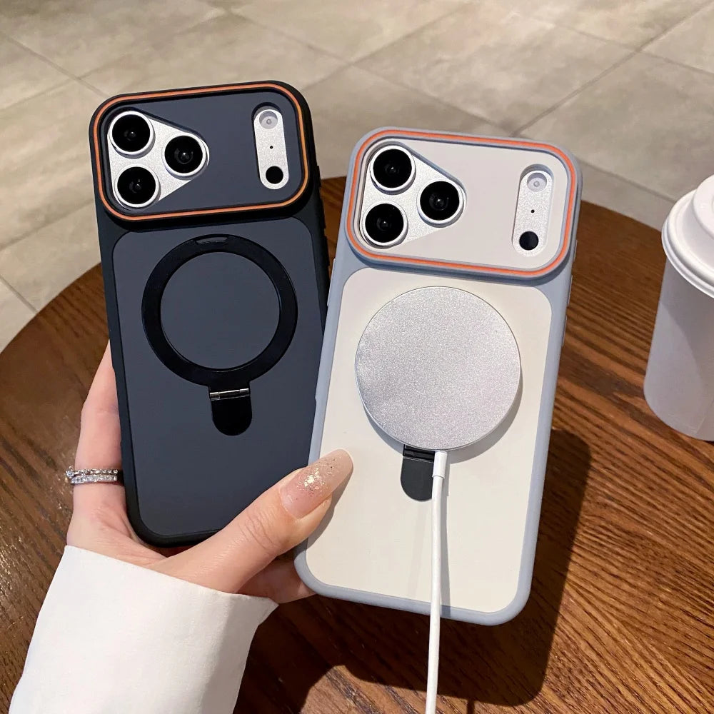 Luxury For Magsafe Magnetic Fold Metal Bracket Phone Case For iPhone 17 Air 16 15 14 Plus 13 12 Pro Max Matte Shockproof Cover