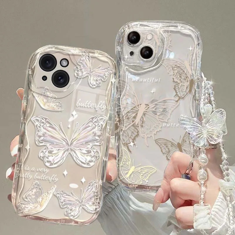 Korean Cute 3D Butterfly Bracelet Chain Phone Case For IPhone 15 16 17 Pro Max 14 11 13 12 Mini Plus 16E 17 Air Wavy Clear Cover