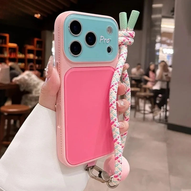 Summer Dopamine Color Lanyard Case for iPhone 17 16 15 14 13 Pro Max 17Pro 16Pro Leather Frame Acrylic Back Bicolor Chain Cover