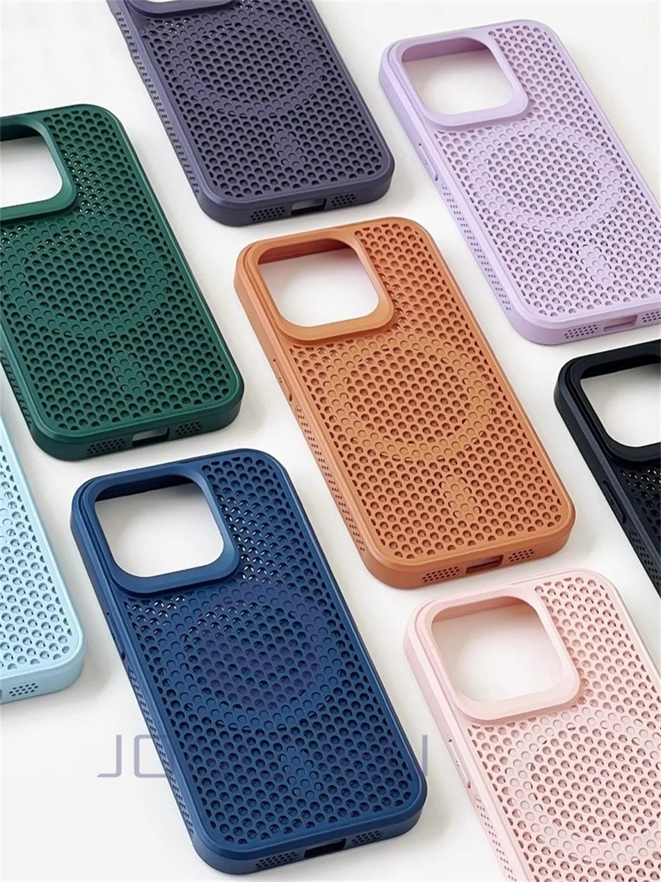 Heat Dissipation For Magsafe Magnetic Case For iPhone 16 15 14 13 12 17 Pro Max Luxury Cooling Breathable Wireless Charge Cover