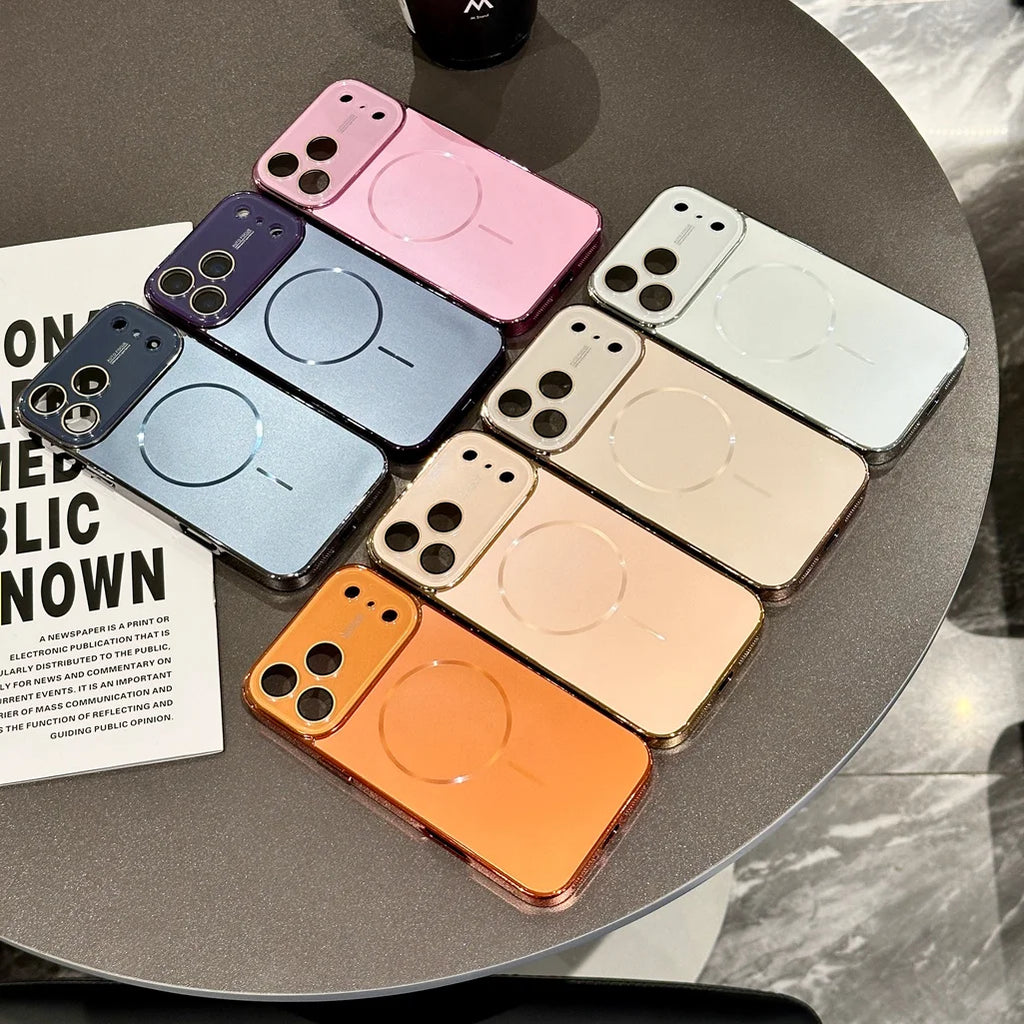 Luxury Plating Matte For Magsafe Wireless Charge Case For iPhone 17 16 15 14 13 Pro Max Magnetic Glass Lens Protection Cover