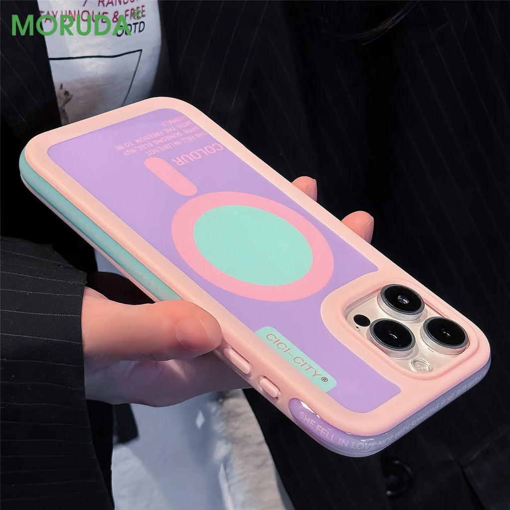 Dopamine Color Collision Magnetic Case For iPhone 16 15 14 Pro Max 13 Luxury Candy Color Shockproof Bumper for Magsafe Cover