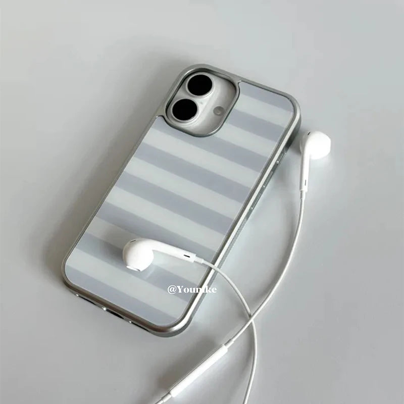 Korean Ins Gray and White Stripes Electroplated Drip Glue Phone Case For iPhone 17 Air 16 Pro Max 15 14 Plus 13 12 11 Back Cover