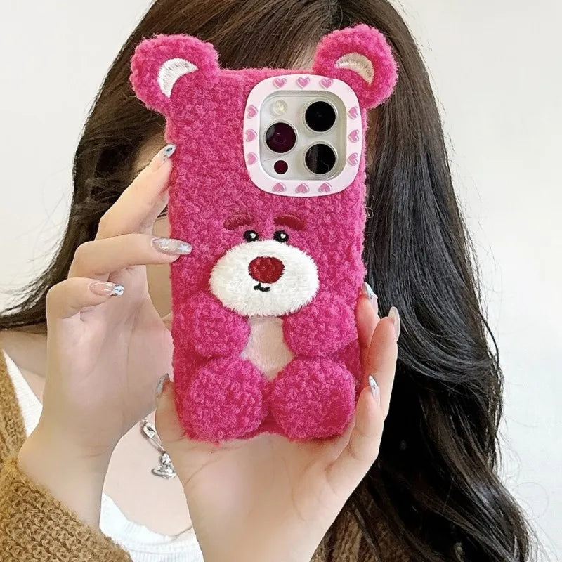 Korea Kawaii Aesthetic Lotso Strawberry Bear Plush Phone Case Fluffy Winter Warm Shockproof Cover for iPhone 16 15 14 13 Pro Max