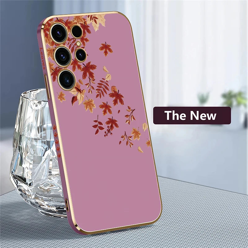 Case For Samsung Galaxy S25 S 25 Ultra S23 FE S24 S 24 5G S22 Plus S21 FE Luxury Silicone Plating Leaves Pattern Cover
