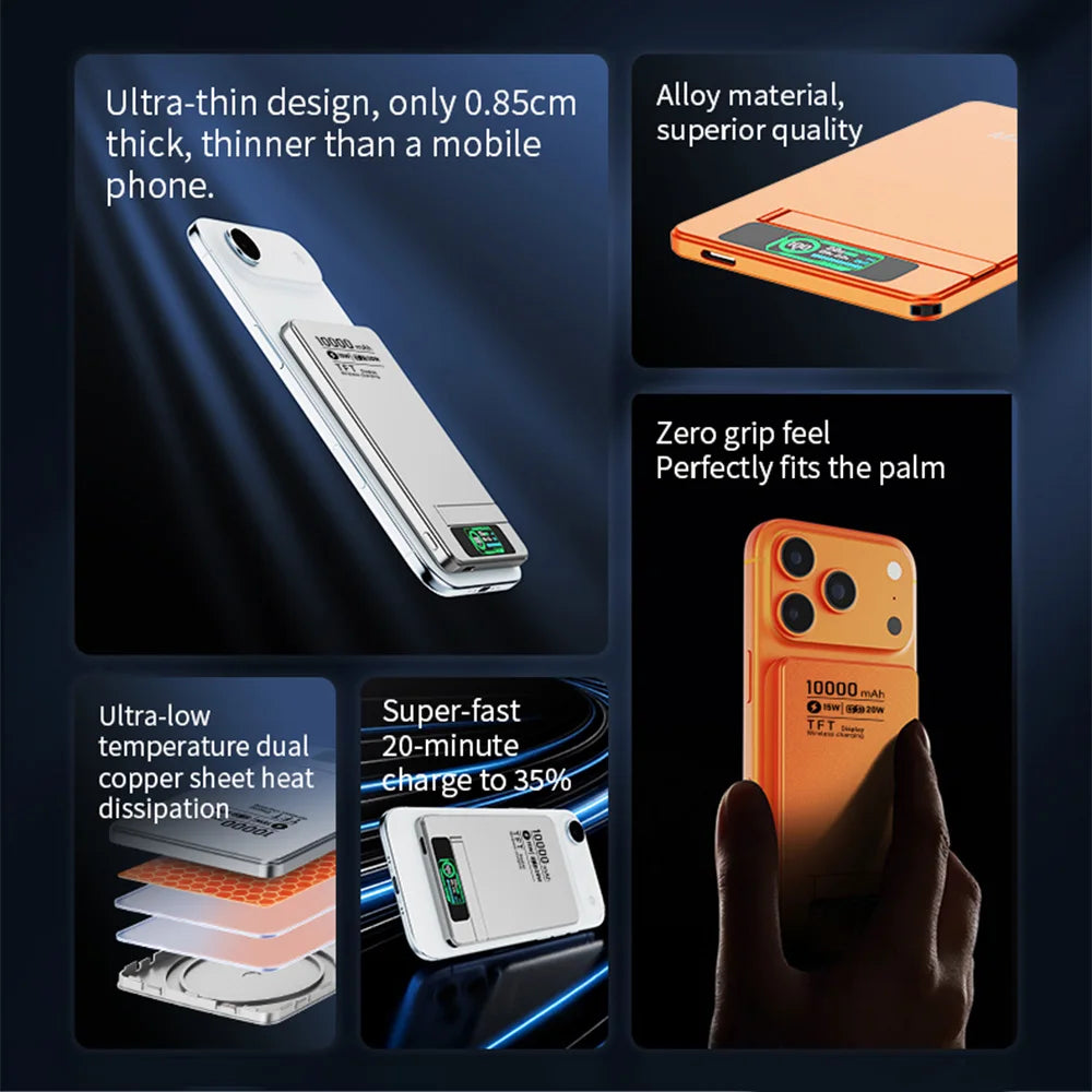 Domars 10000mAh Ultra-thin Power Bank Magnetic Wireless 20W Fast Charging with Phone Stand and Display for iPhone 17/16/15/14