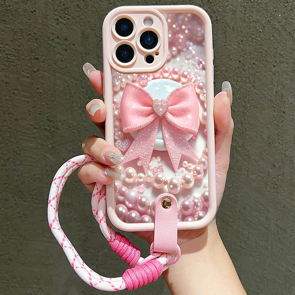 Pink Bow With Pearl Pattern Hand Strap Lanyard Phone Case For iPhone 11 12 13 14 15 16 17 Pro Max Plus 17Air XS X XR 16E Cover