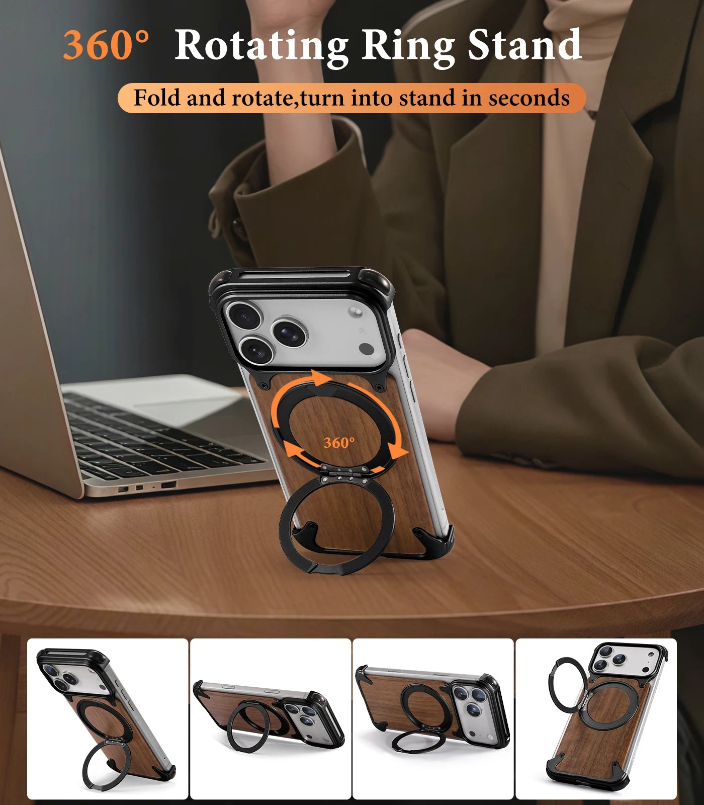Oatsbasf Solid Wooden Phone Case for iPhone 17 16 Pro/Pro Max with Kickstand 360° Rotatable Magnetic Shockproof Protective Cover
